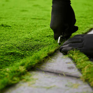 This image is of a person who has ordered artificial grass and is looking to install it themselves. The DIY artificial grass is being cut with a blade. The person cutting the artificial grass is wearing black cut resistant safety gloves. pins or glue. DIY Artificial Grass