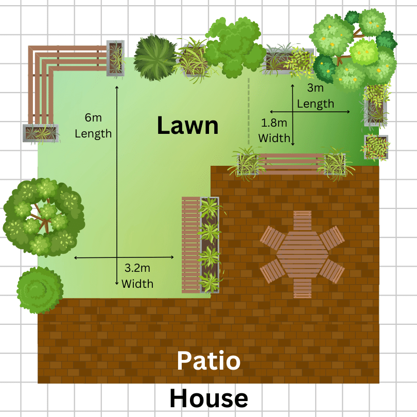 An aerial view Diagram of an L-shaped lawn and the example lengths and widths. The diagram shows the house, patio and lawn and also features trees, flowers, bushes, garden tables and plants.