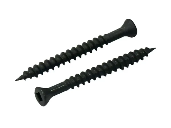 Two anthracite colour-coded screws designed for securing composite decking boards