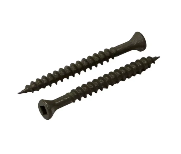 Two antique-finished colour-coded screws designed for securing composite decking boards