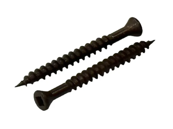 Two red-brown colour-coded screws designed for securing composite decking boards