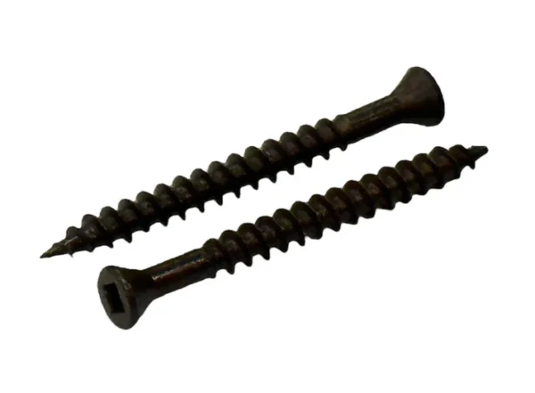 Two walnut colour-coded screws designed for securing composite decking boards