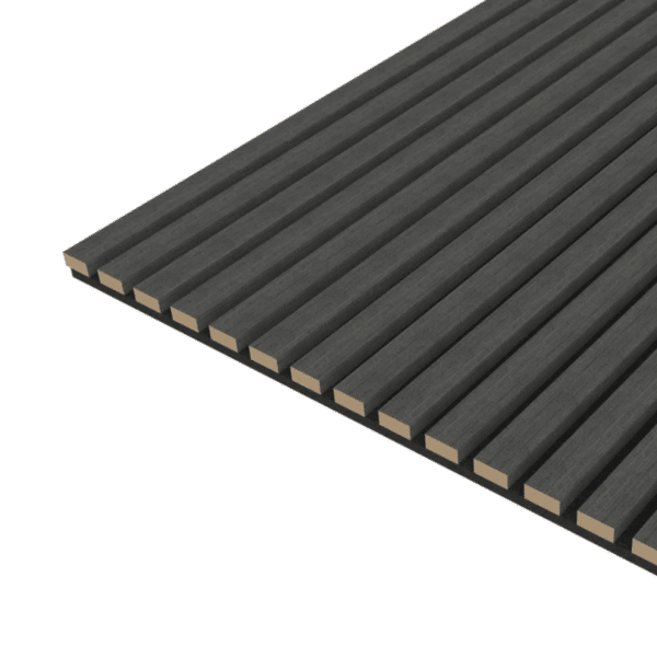 Black acoustic wood wall panel with thin slats, presented at an angled perspective for depth and detailing