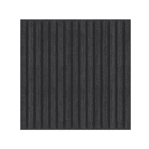 Front-facing view of the Black Acoustic Wood Wall Panel Tiles, displaying the woodgrain texture and slatted design