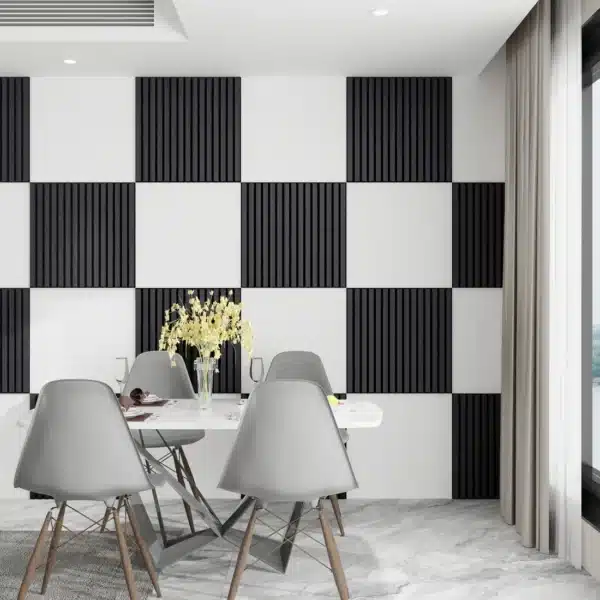 Black acoustic wood wall panel tiles installed in a modern interior space