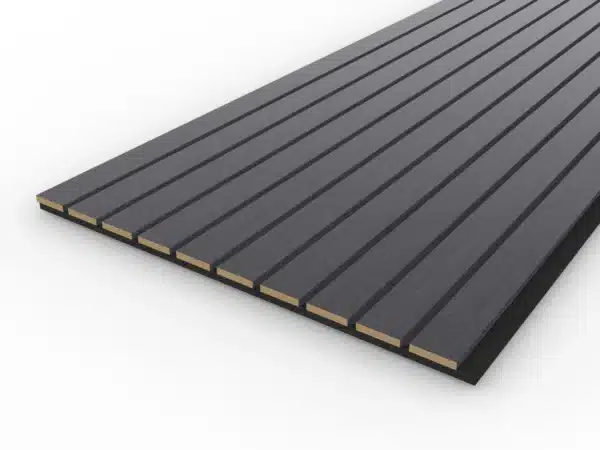 Black acoustic wood wall panel with wide slats, presented at an angled perspective to highlight depth and texture