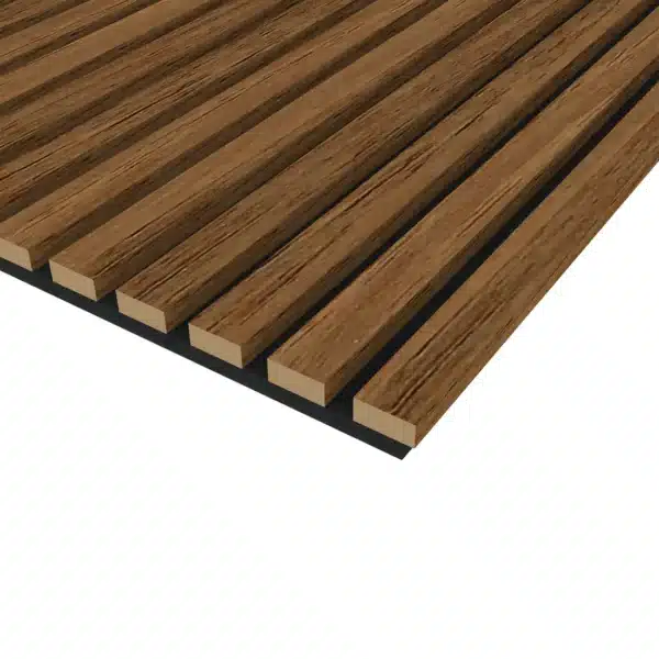 Chestnut acoustic wood wall panel with thin slats, shown from a second angled perspective