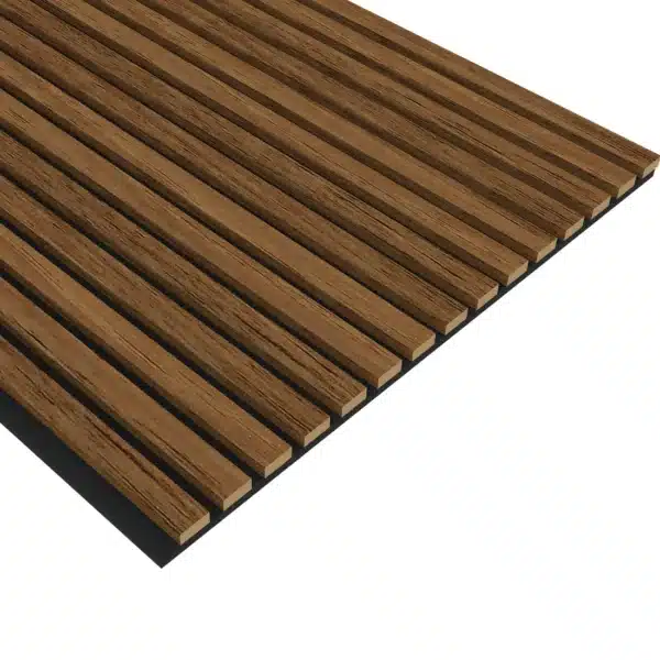 Chestnut acoustic wood wall panel with thin slats, presented at an angled perspective to showcase depth and detail