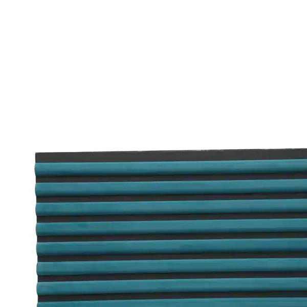 Close-up view of the blue velour acoustic panel with curved slats, highlighting its soft texture and precise detailing