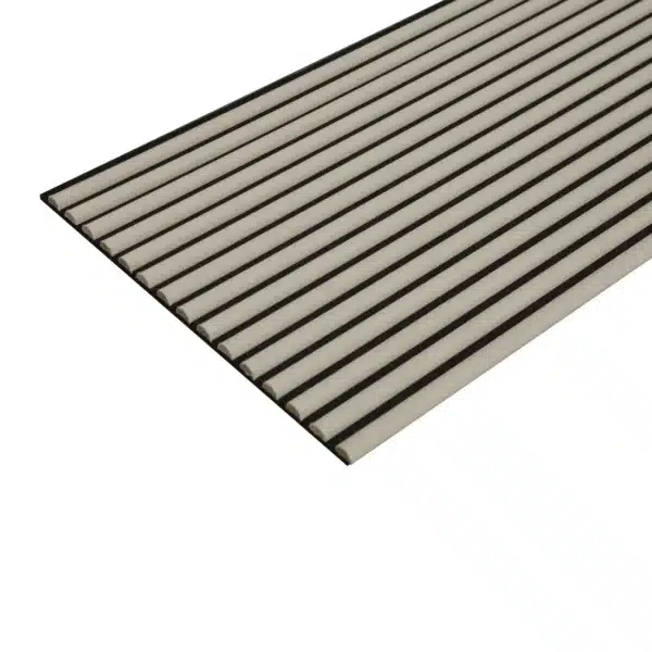 Cream velour acoustic panel with curved slats, shown at an angle for a detailed perspective