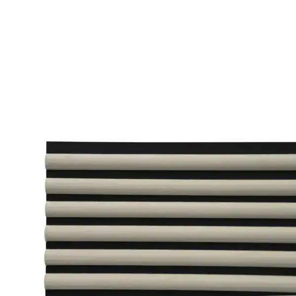 Close-up view of the cream velour acoustic panel with curved slats, highlighting its soft texture and precise detailing