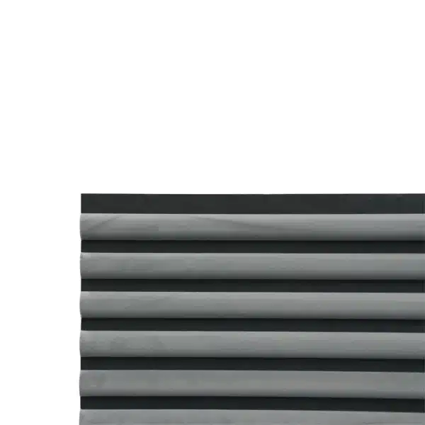 Close-up view of the dark grey velour acoustic panel with curved slats, highlighting its soft texture and precise detailing