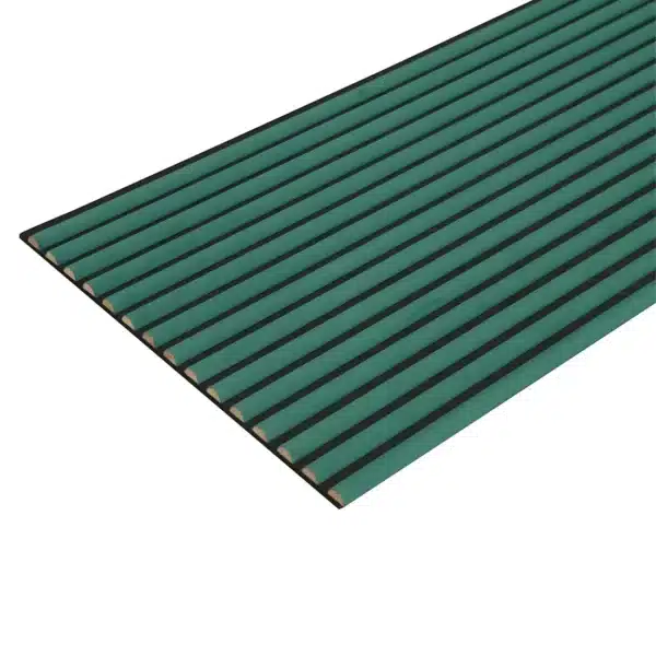 Green velour acoustic panel with curved slats, shown at an angle for a detailed perspective