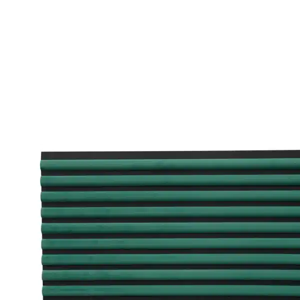 Close-up view of the green velour acoustic panel with curved slats, highlighting its soft texture and precise detailing