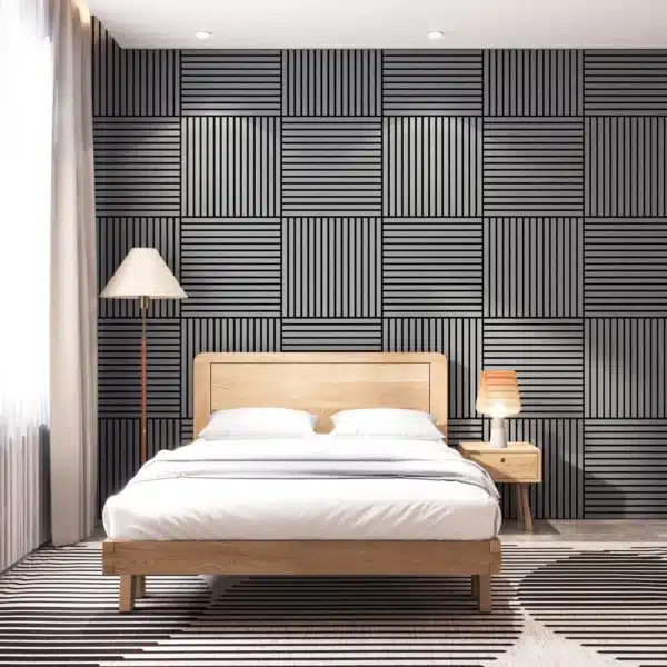 Grey acoustic wood wall panel tiles installed in a stylish modern interior