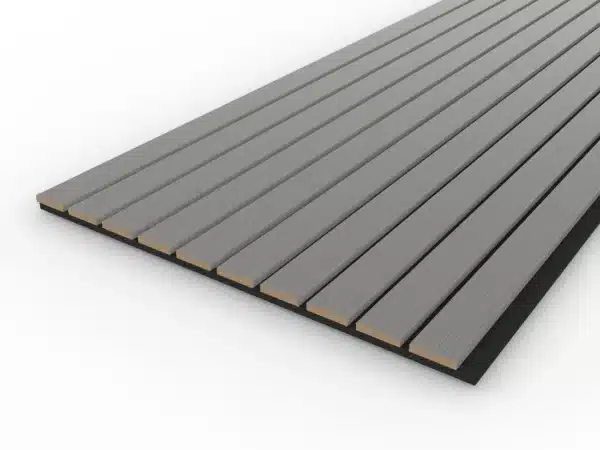 Grey acoustic wood wall panel with wide slats, shown from an angled perspective for depth and detailing