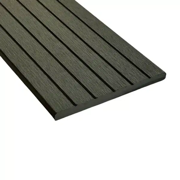 Grey composite woodgrain fascia board with a grooved reverse side for versatile applications