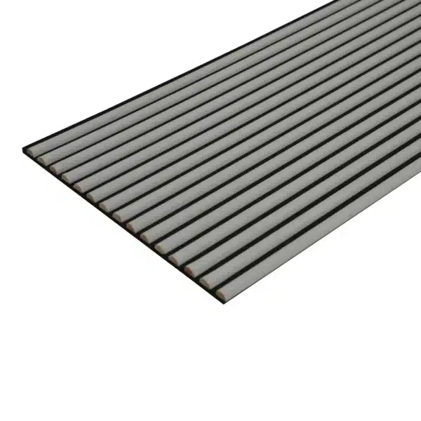 Grey velour acoustic panel with curved slats, shown at an angle for a detailed perspective