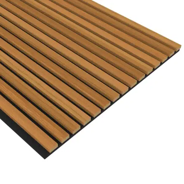 Maple acoustic wood wall panel with thin slats, presented at an angled perspective to highlight depth and texture