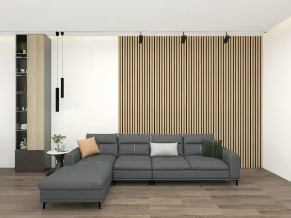 Oak acoustic wood wall panel with thin slats installed in a stylish modern interior