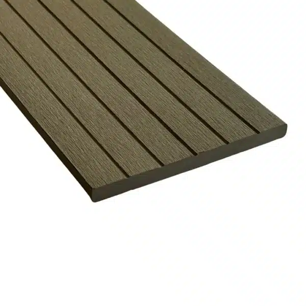 Oak composite woodgrain fascia board with a grooved reverse side for added versatility