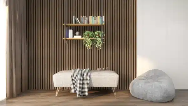 Smoked oak acoustic wood wall panel with thin slats installed in a stylish interior setting