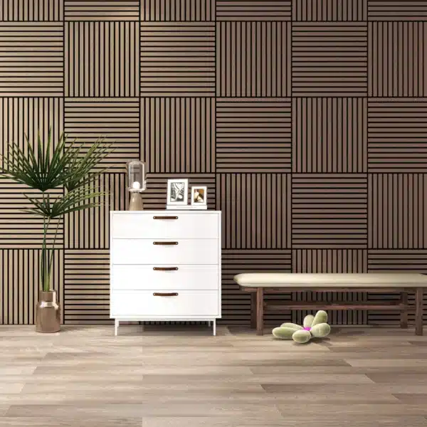 Smoked oak acoustic wood wall panel tiles installed in a contemporary interior space