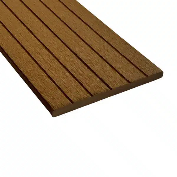 Teak composite woodgrain fascia board with a grooved reverse side for versatile applications