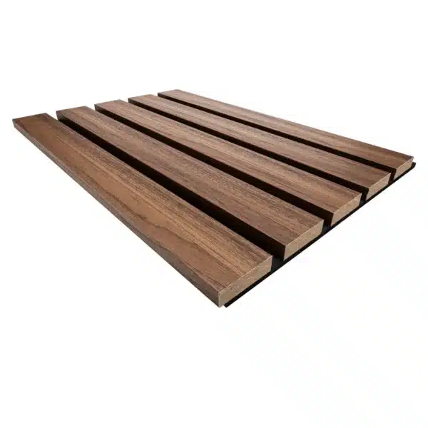 Walnut premium acoustic wood wall panel set in a 2-pack, shown from a second angle for added perspective