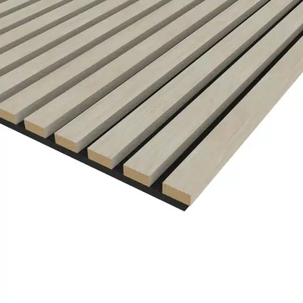 White acoustic wood wall panel with thin slats, shown from a second angled perspective